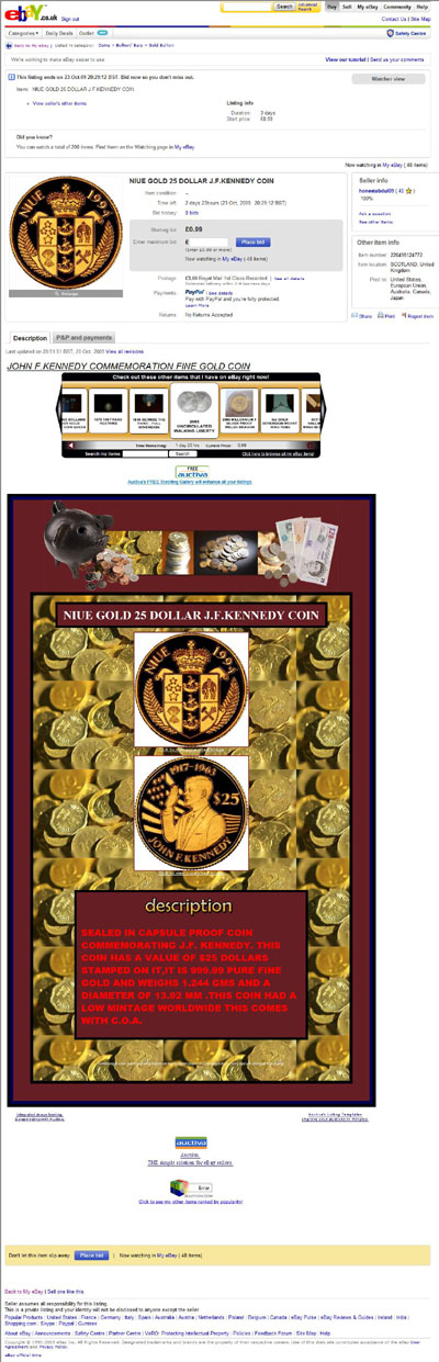 honestabdul09 eBay Listing Using our 1994 Niue Gold Proof Kennedy Commemorative $25 Coin Photograph
